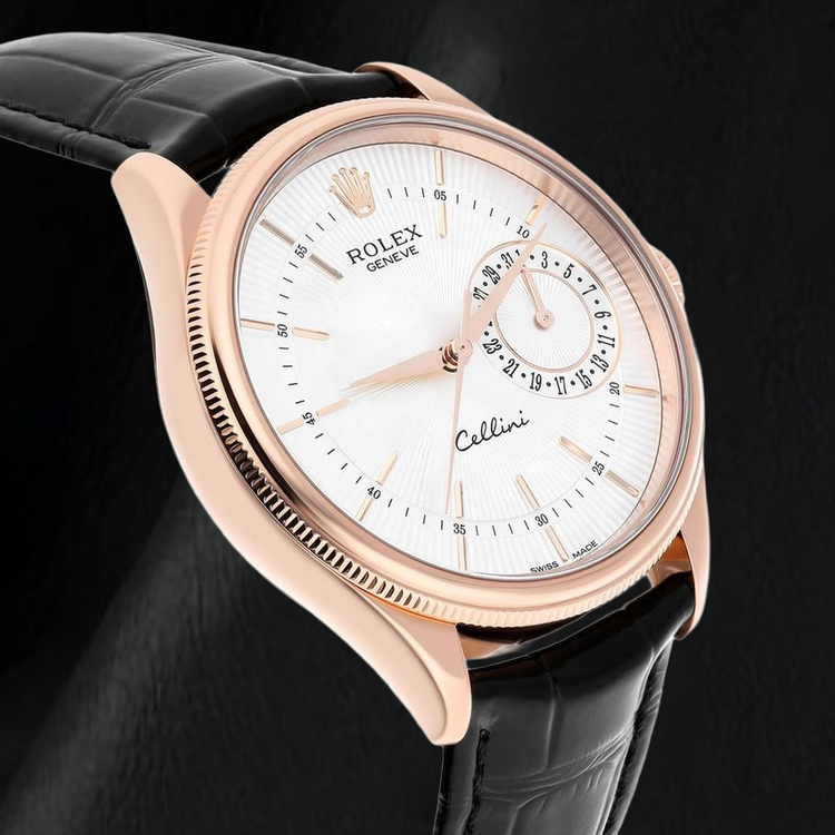Montre Rolex Oyster Perpetual 50515 39 mm en Or Rose Cadran Argenté à Index Bâtons Bracelet en Cuir Noir