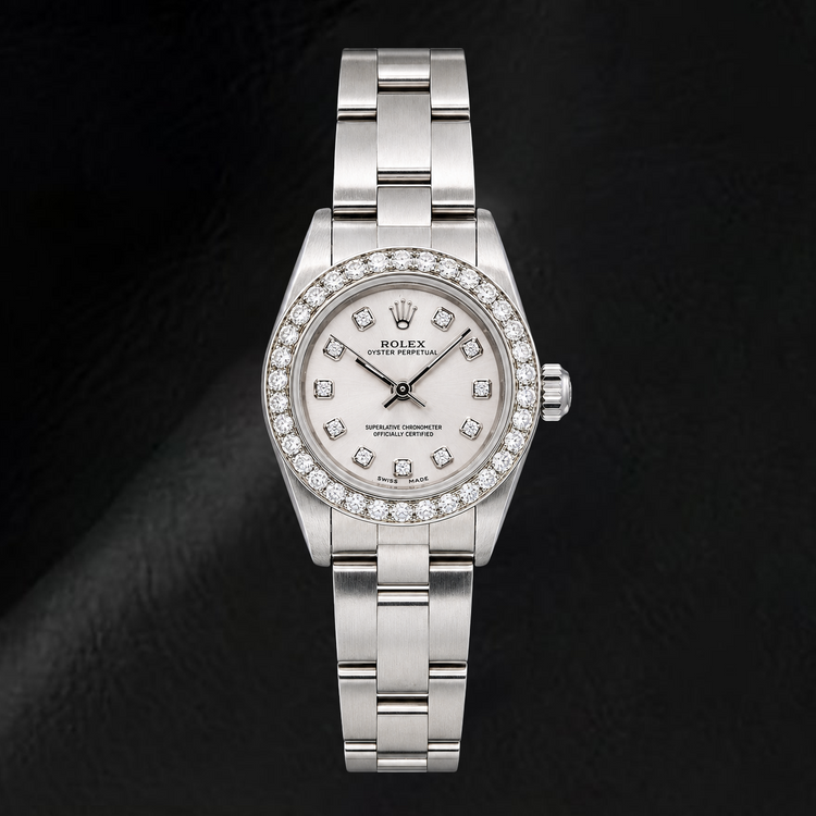 Montre Rolex Oyster Perpetual 76080 26 mm en Acier Inoxydable Cadran Diamants Argenté