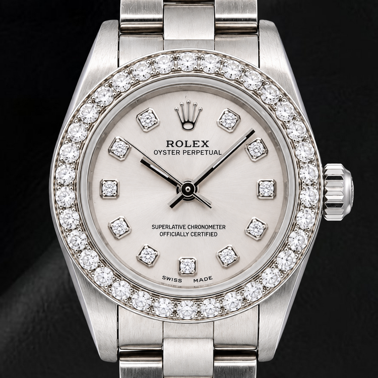 Montre Rolex Oyster Perpetual 76080 26 mm en Acier Inoxydable Cadran Diamants Argenté
