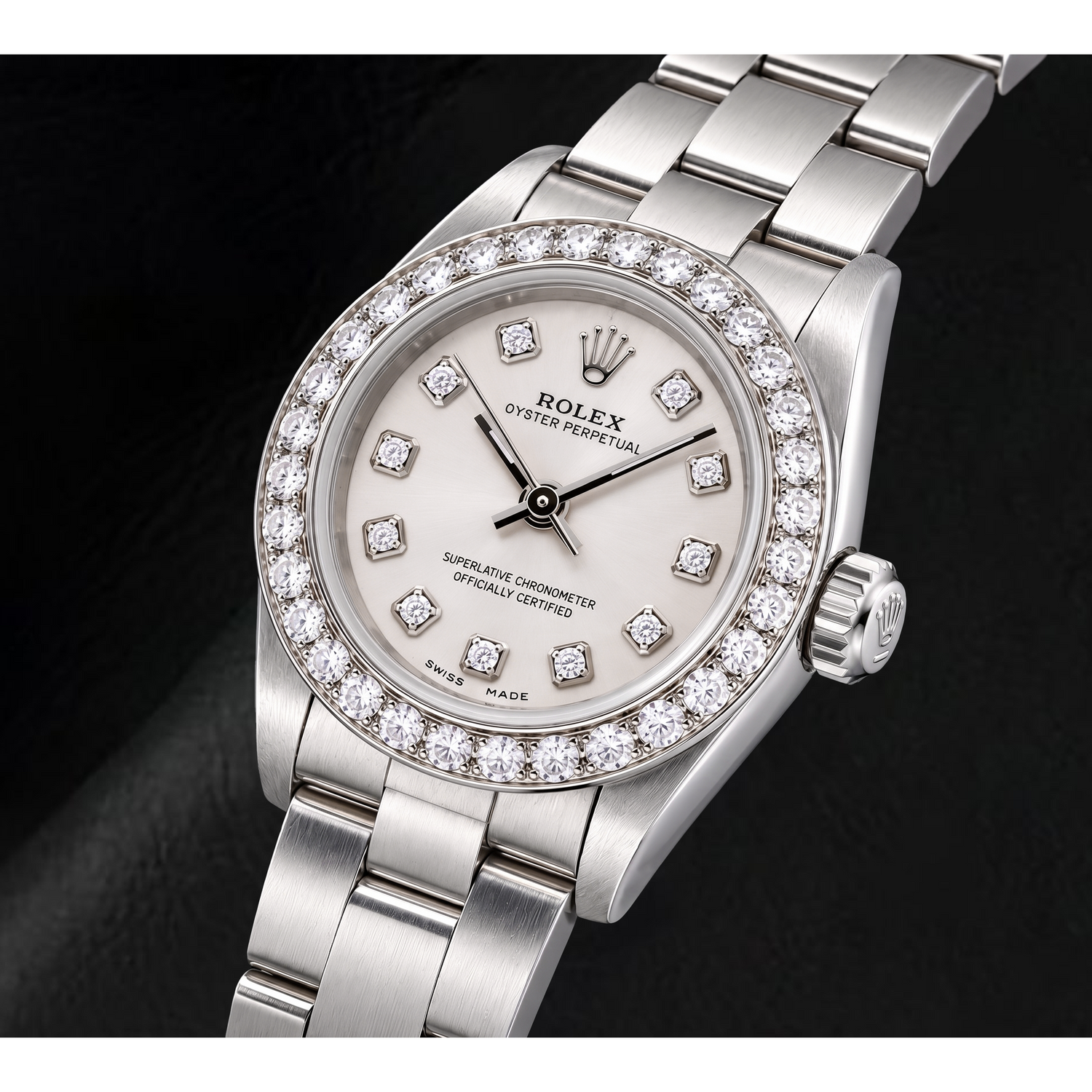 Montre Rolex Oyster Perpetual 76080 26 mm en Acier Inoxydable Cadran Diamants Argenté
