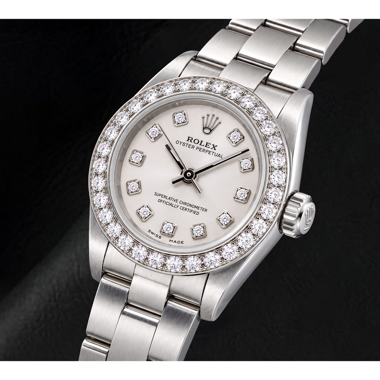 Montre Rolex Oyster Perpetual 76080 26 mm en Acier Inoxydable Cadran Diamants Argenté