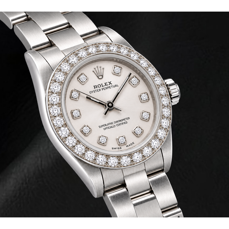 Montre Rolex Oyster Perpetual 76080 26 mm en Acier Inoxydable Cadran Diamants Argenté