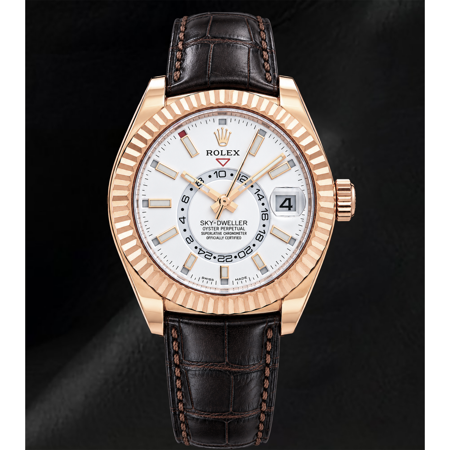 Montre Rolex Sky-Dweller 326135 42 mm Cadran Blanc en Or Rose et Bracelet en Cuir Marron