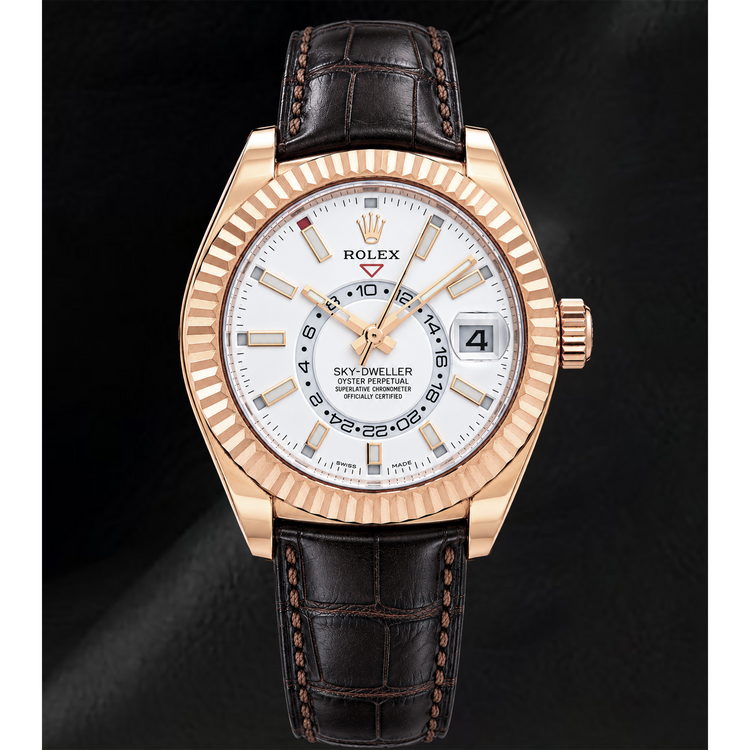 Montre Rolex Sky-Dweller 326135 42 mm Cadran Blanc en Or Rose et Bracelet en Cuir Marron