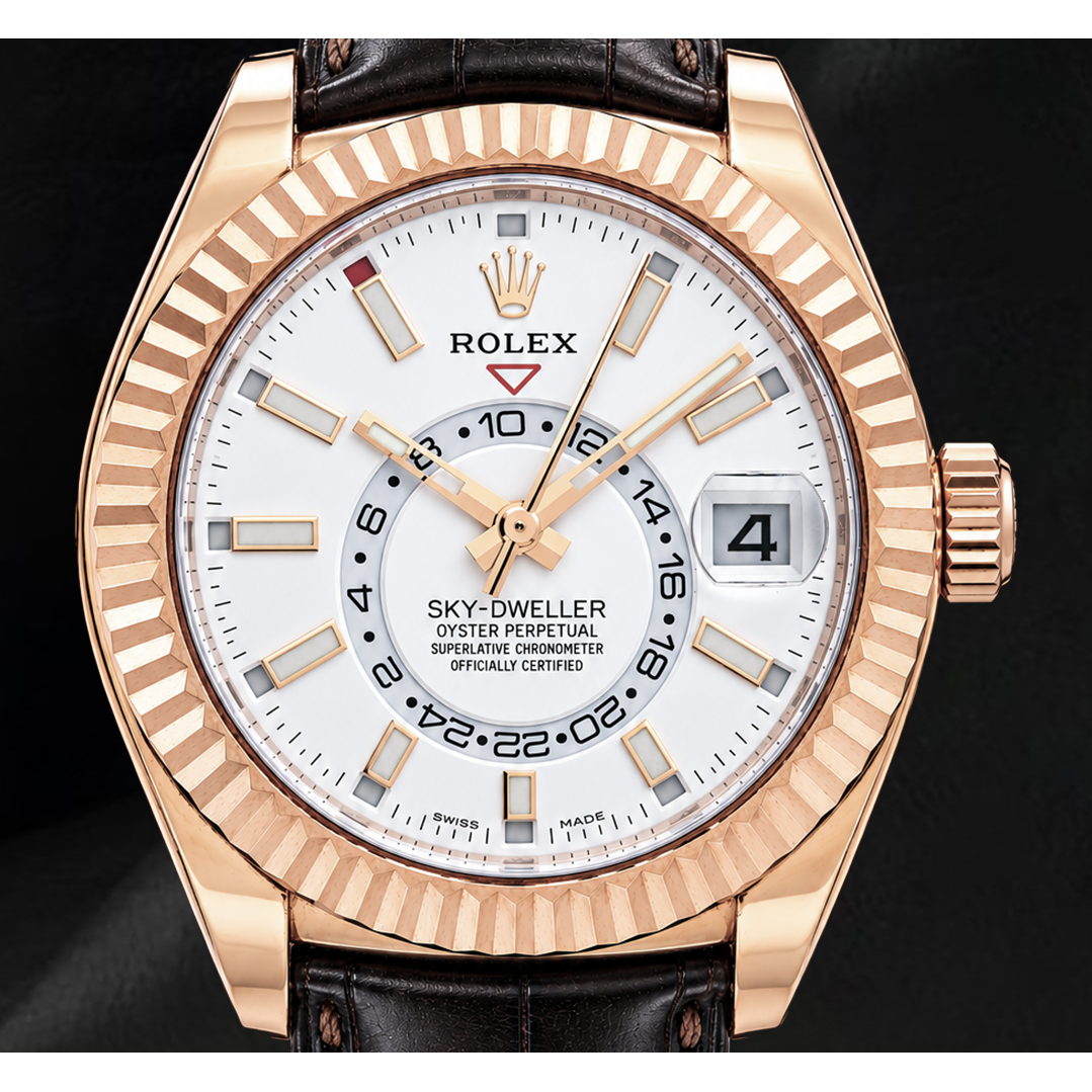 Montre Rolex Sky-Dweller 326135 42 mm Cadran Blanc en Or Rose et Bracelet en Cuir Marron