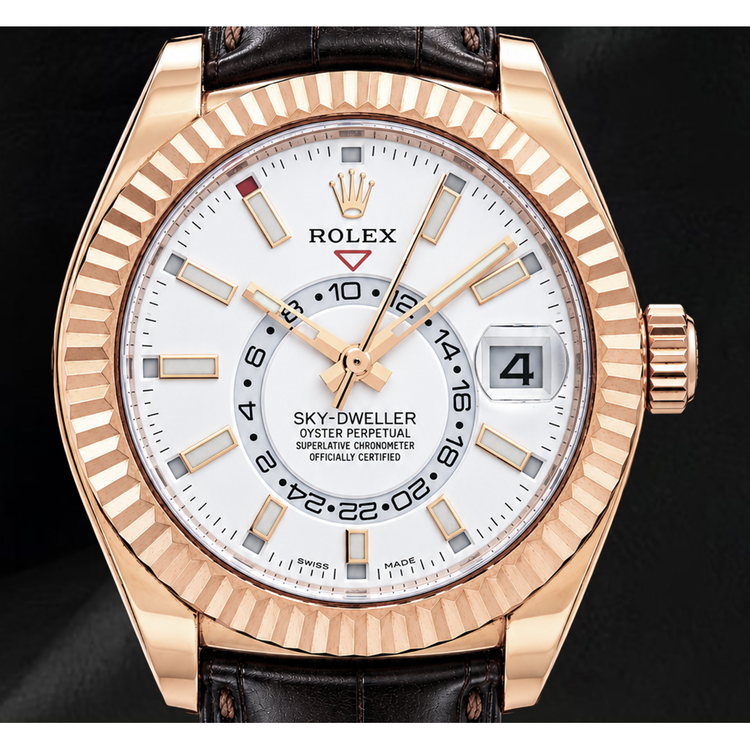 Montre Rolex Sky-Dweller 326135 42 mm Cadran Blanc en Or Rose et Bracelet en Cuir Marron