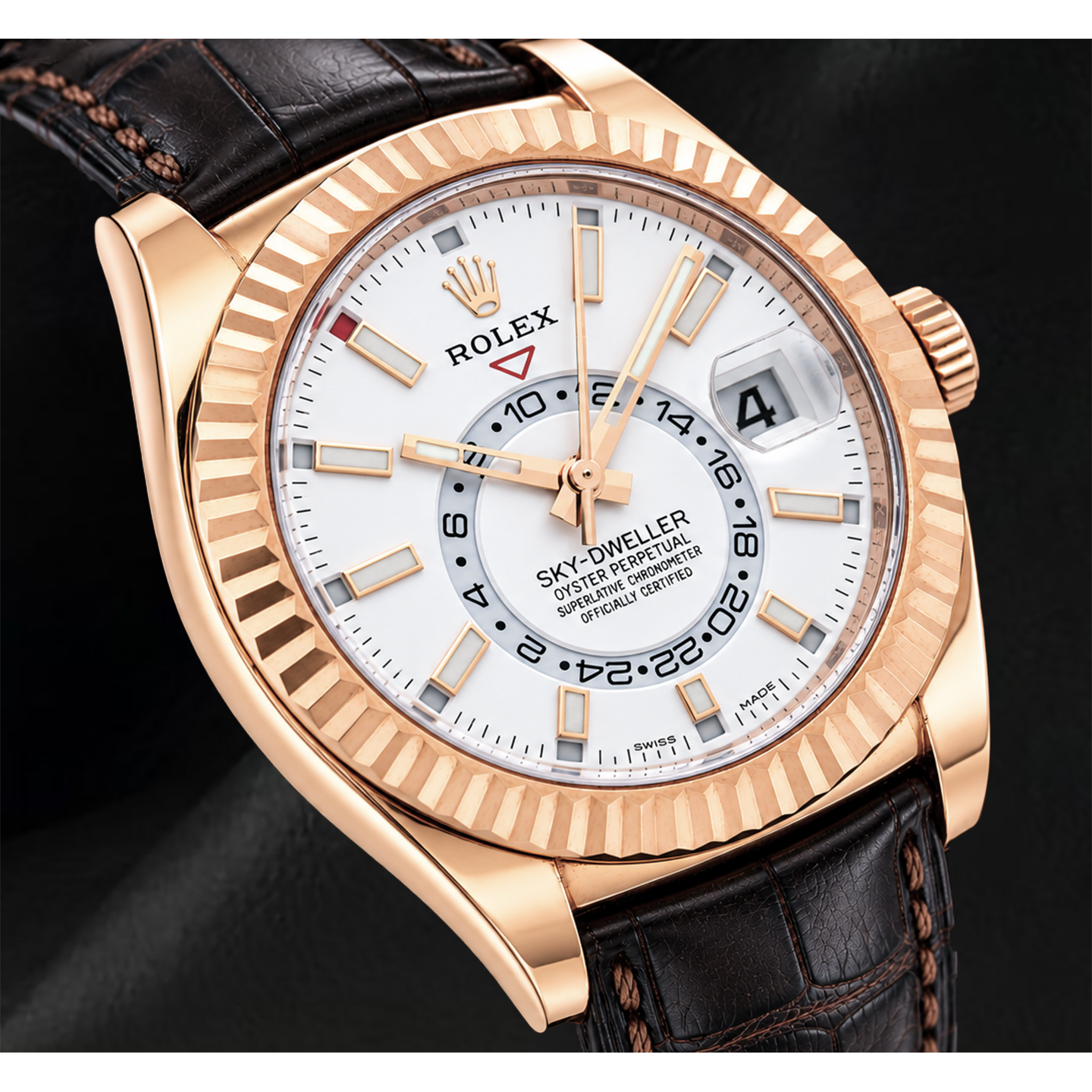 Montre Rolex Sky-Dweller 326135 42 mm Cadran Blanc en Or Rose et Bracelet en Cuir Marron