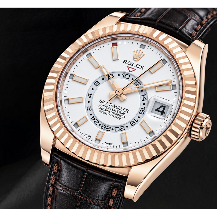 Montre Rolex Sky-Dweller 326135 42 mm Cadran Blanc en Or Rose et Bracelet en Cuir Marron