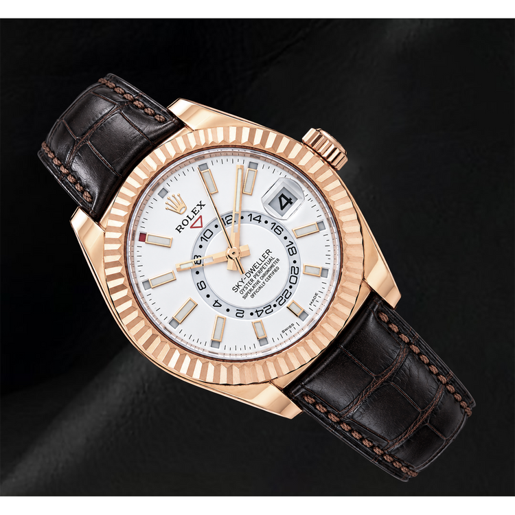 Montre Rolex Sky-Dweller 326135 42 mm Cadran Blanc en Or Rose et Bracelet en Cuir Marron