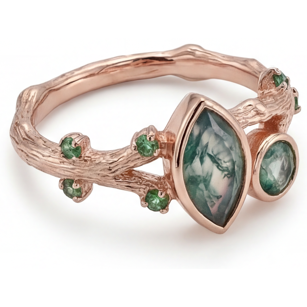Moss Agate Taille Marquise Bague avec Gemme en Or Rose 14 Carats – vue de côté