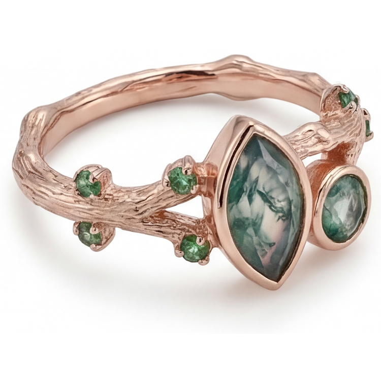 Moss Agate Taille Marquise Bague avec Gemme en Or Rose 14 Carats – vue de côté