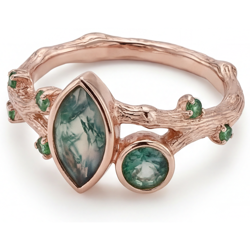 Bague avec Gemme Or Rose 14 Carats avec Moss Agate – vue d'angle