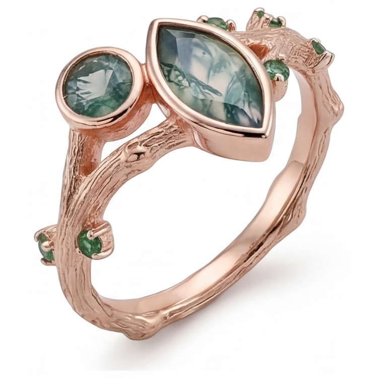 Moss Agate Taille Marquise Bague avec Gemme en Or Rose 14 Carats – vue de profil