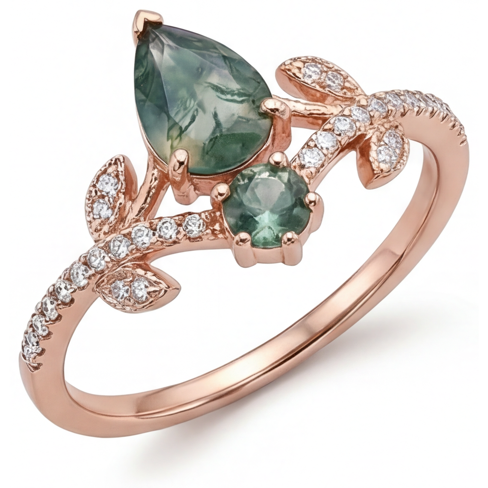 Bague avec Gemme Or Rose 14 Carats avec Moss Agate – vue de côté