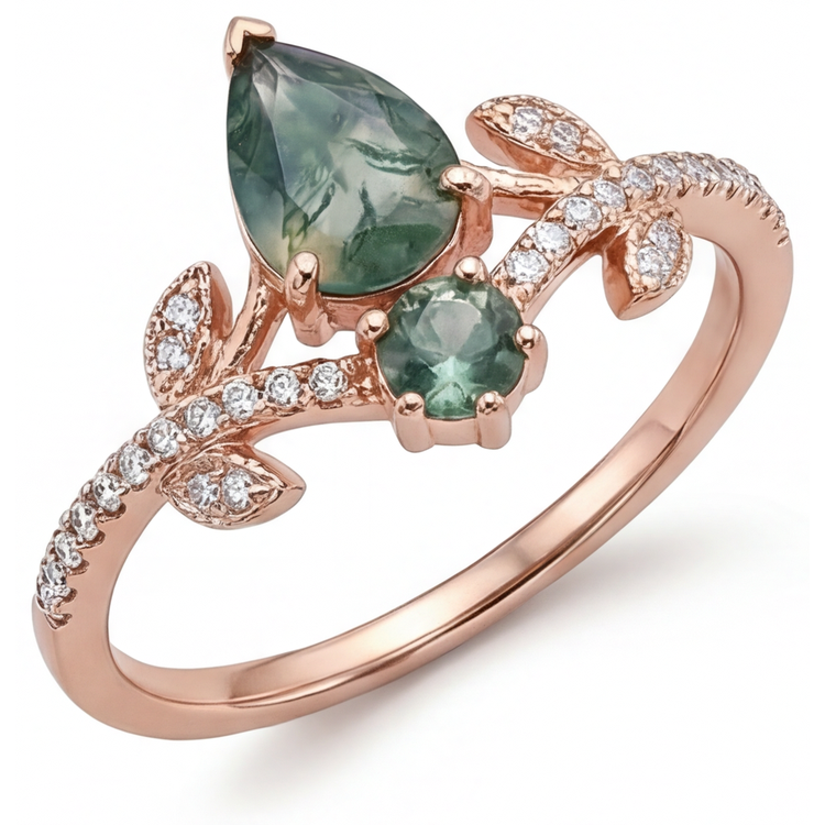 Bague avec Gemme Or Rose 14 Carats avec Moss Agate – vue de côté