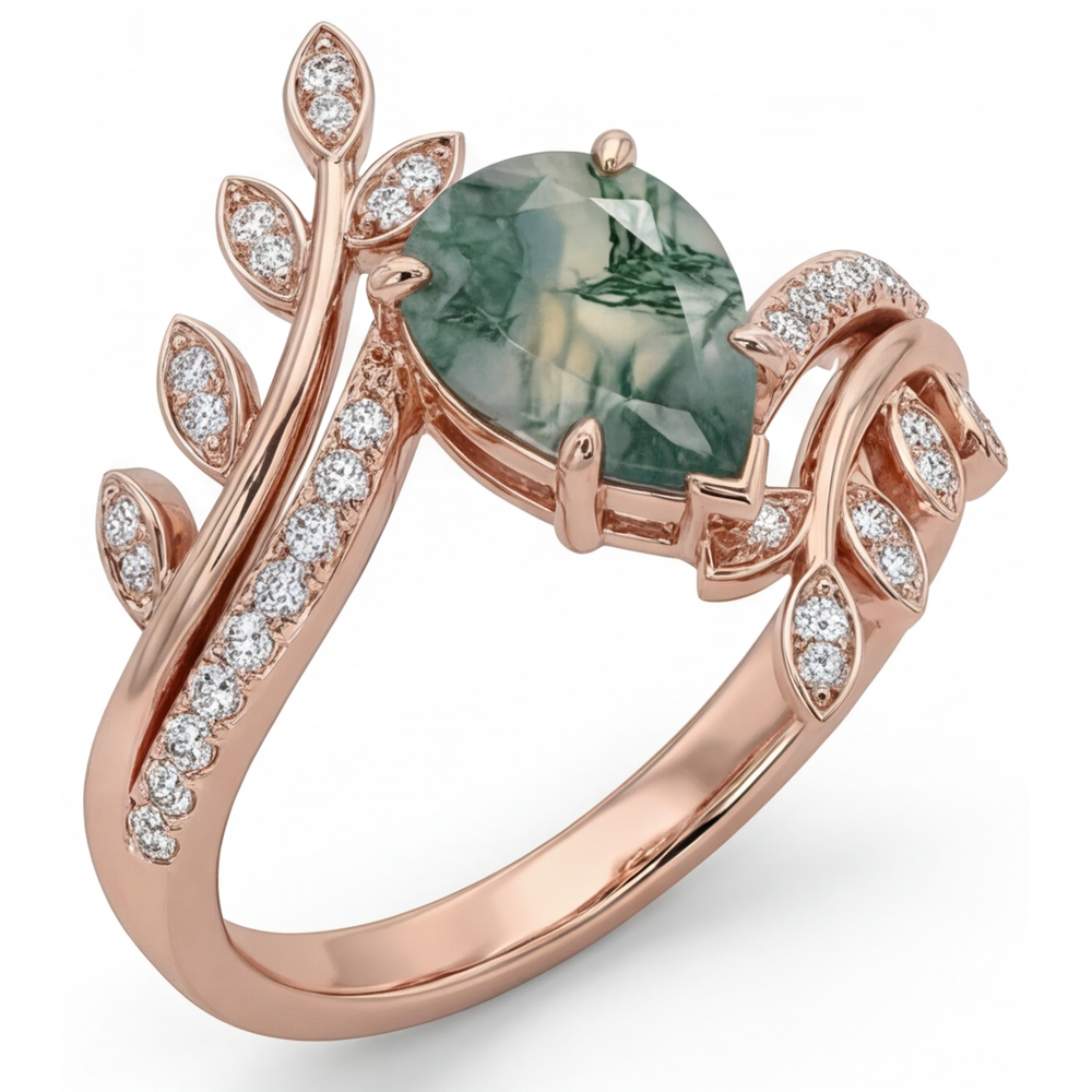 Moss Agate Goutte Bague avec Gemme en Or Rose 14 Carats – vue principale