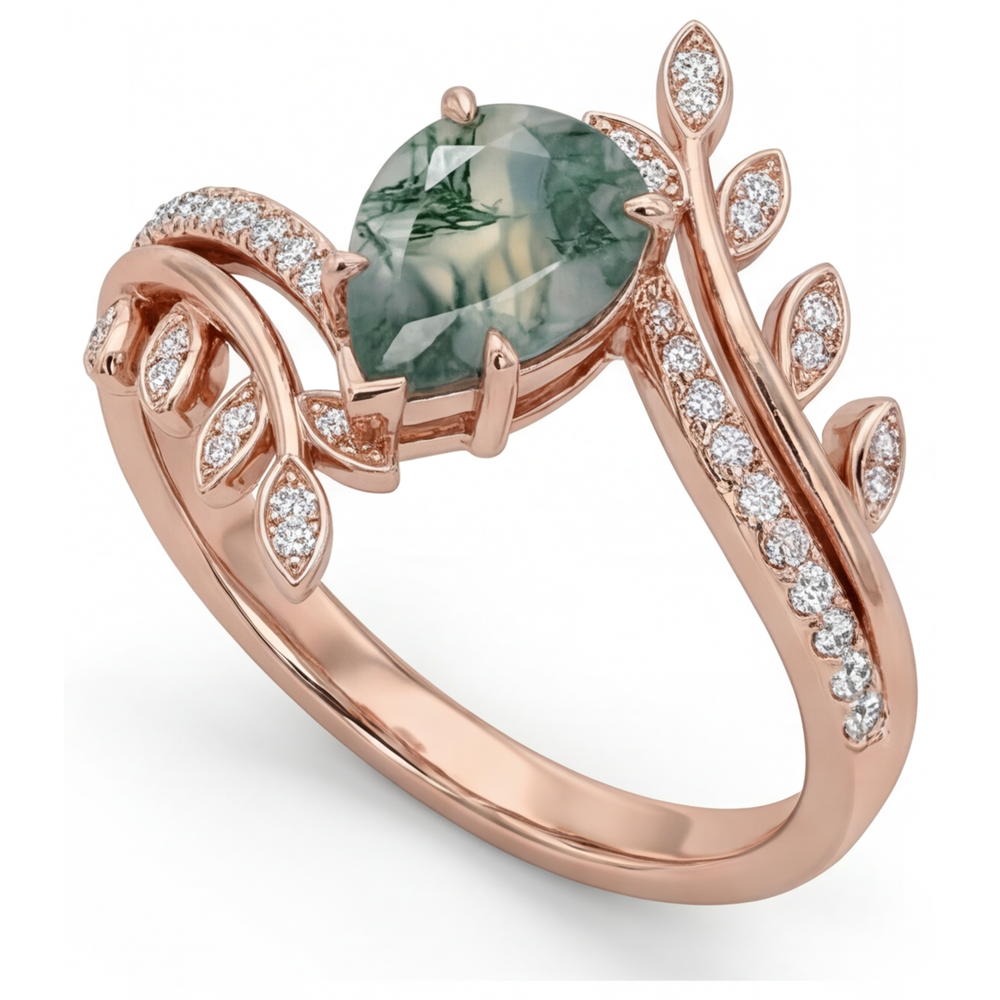 Goutte Moss Agate bague en Or Rose 14 Carats – vue de face