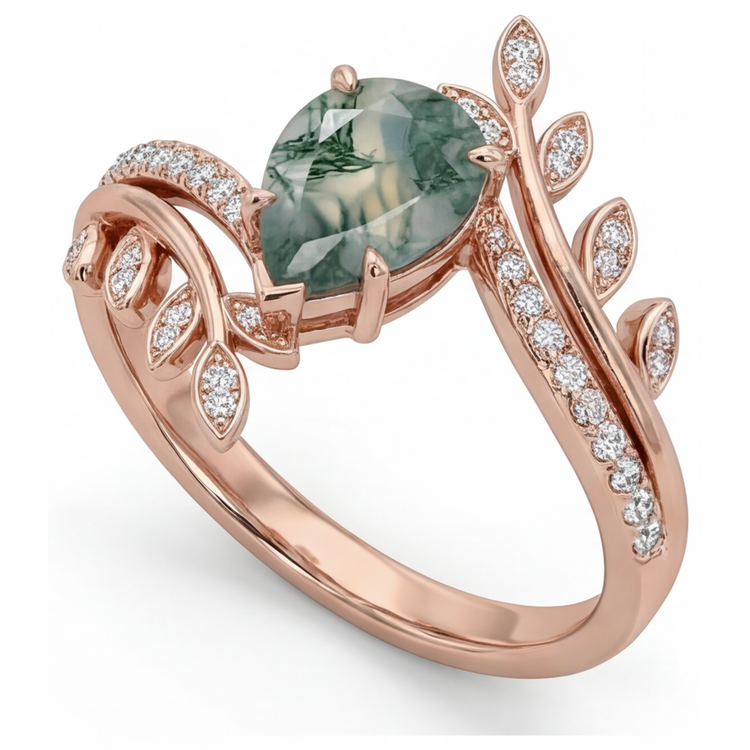 Goutte Moss Agate bague en Or Rose 14 Carats – vue de face