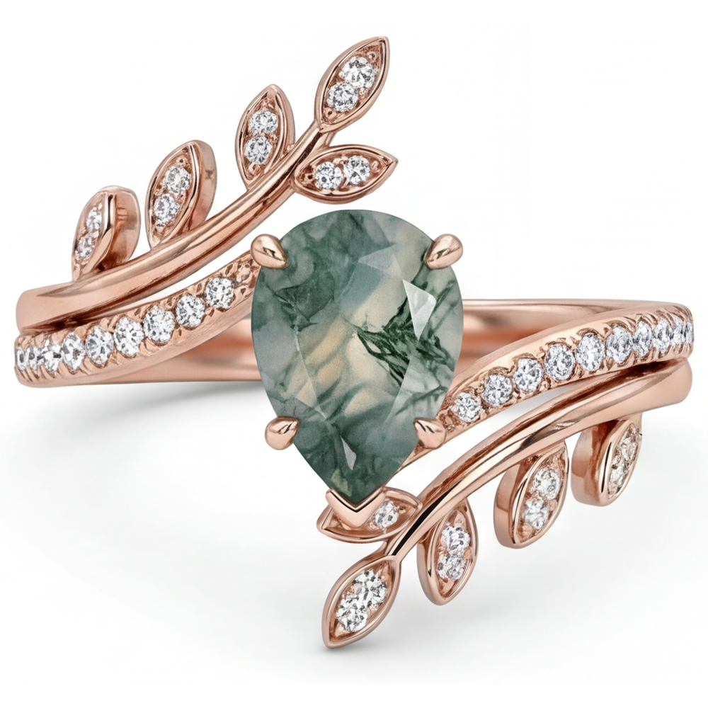 Moss Agate Goutte Bague avec Gemme en Or Rose 14 Carats – vue de côté