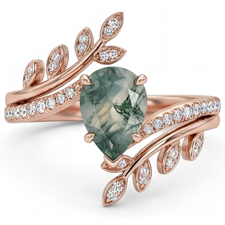 Moss Agate Goutte Bague avec Gemme en Or Rose 14 Carats – vue de côté