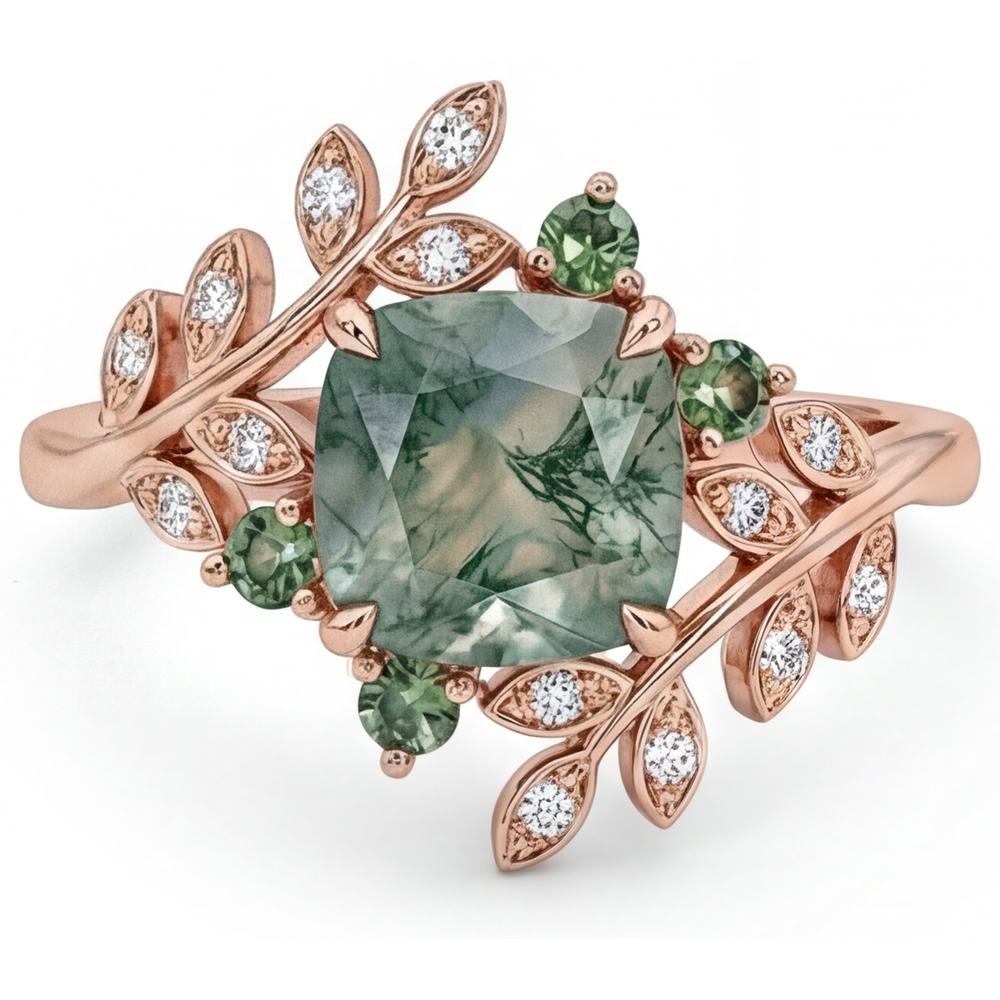 Moss Agate Bague avec Gemme 3,0-carats Or Rose 14 Carats – vue de face