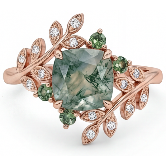 Moss Agate Bague avec Gemme 3,0-carats Or Rose 14 Carats – vue de face