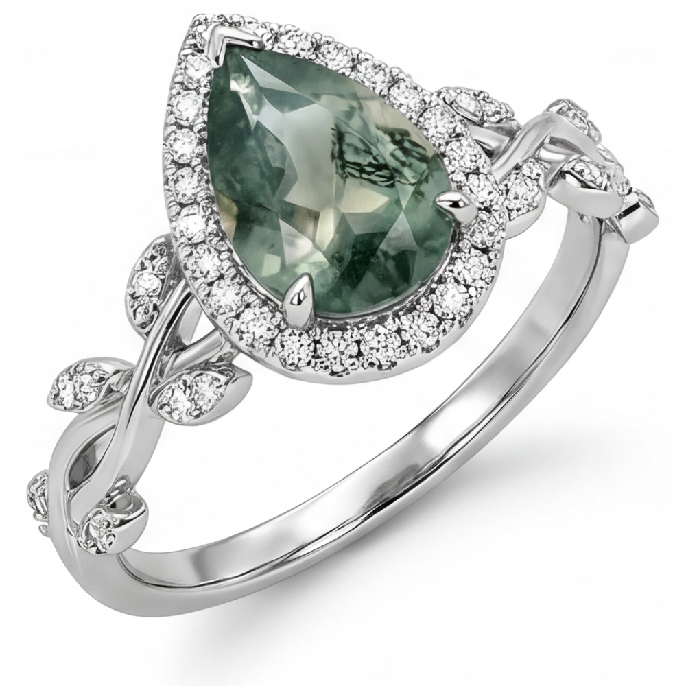 Moss Agate Goutte Bague avec Gemme en Or 14K Blanc – vue principale