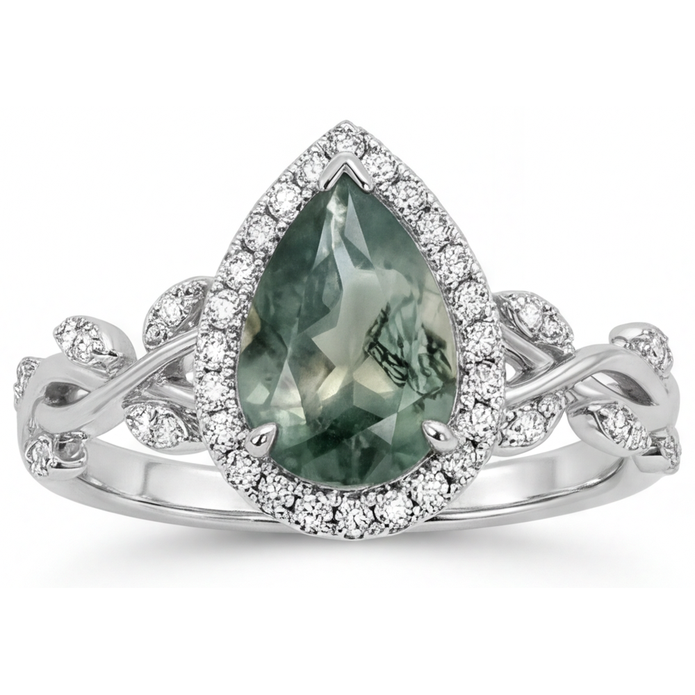 Fait à la main Moss Agate Bague avec Gemme 3 carats – vue de face