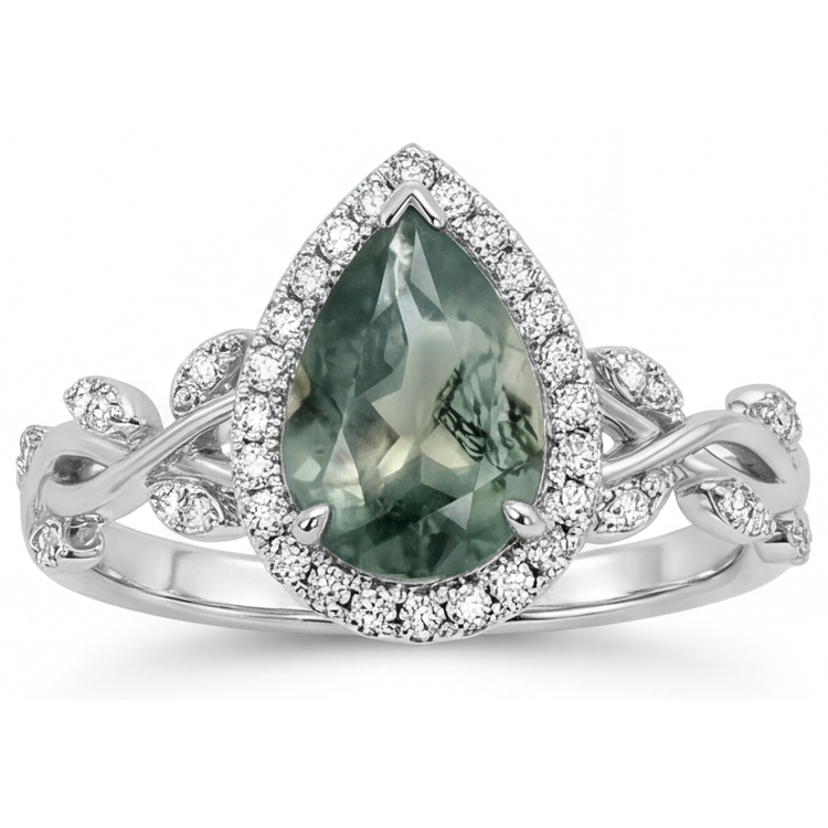 Fait à la main Moss Agate Bague avec Gemme 3 carats – vue de face