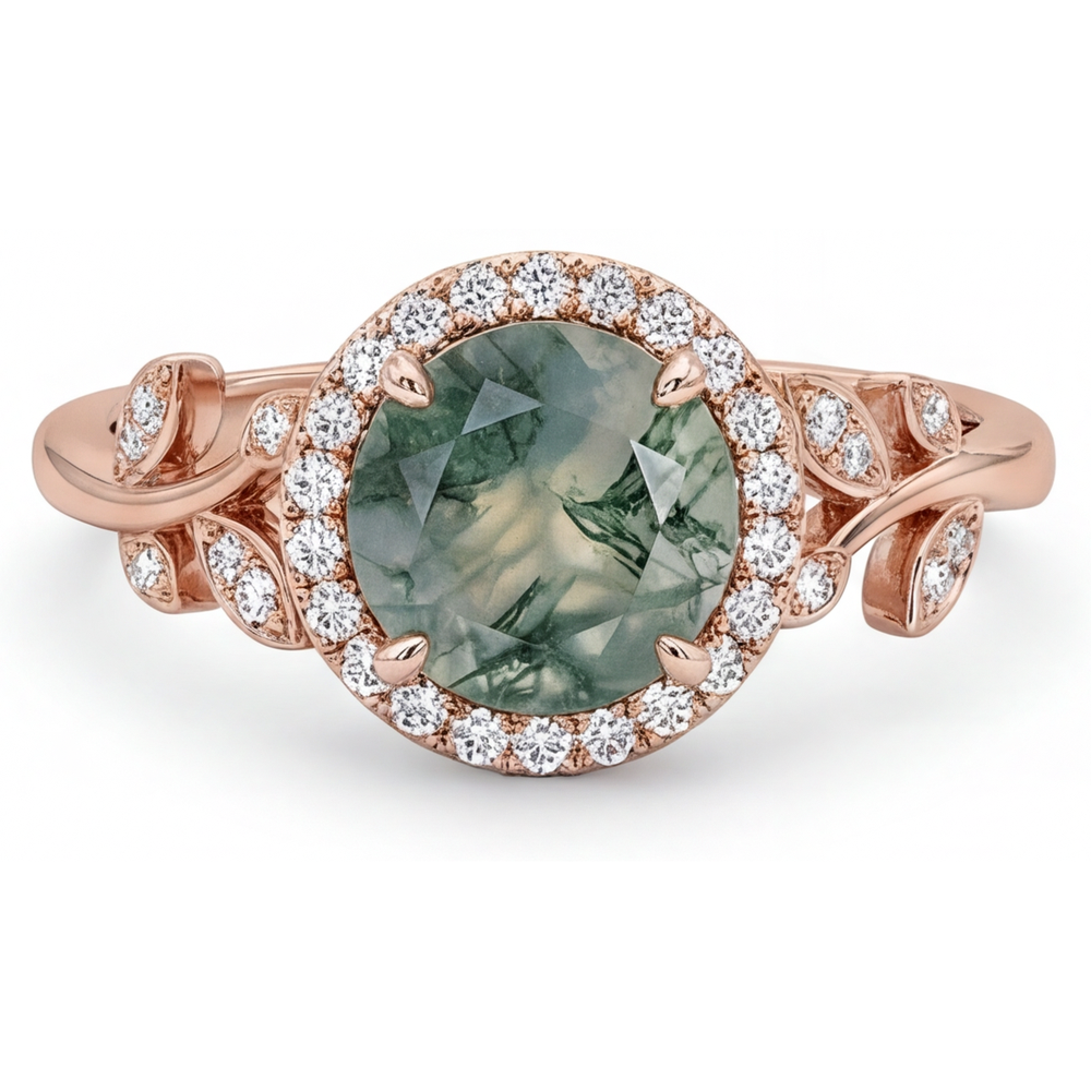 Bague Pierre de Couleur Or Rose 14 Carats avec Moss Agate – vue de côté