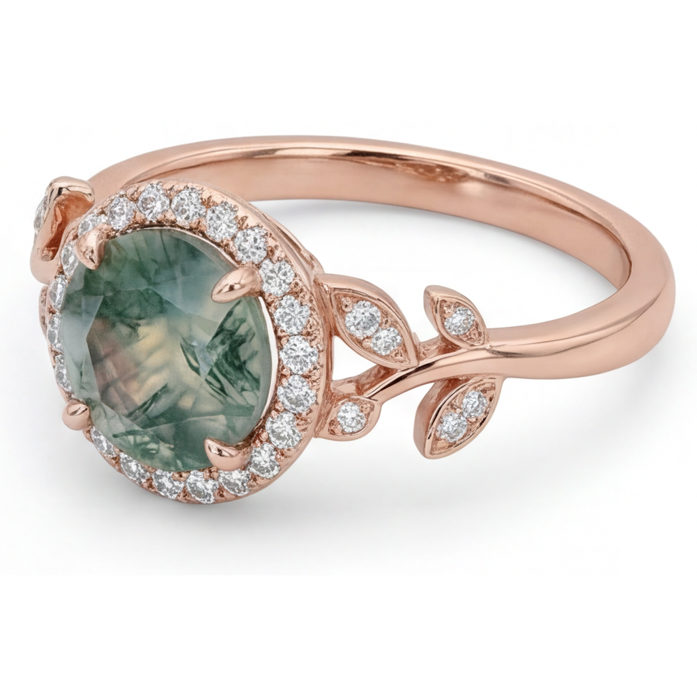Bague Pierre de Couleur Or Rose 14 Carats avec Moss Agate – vue d'angle