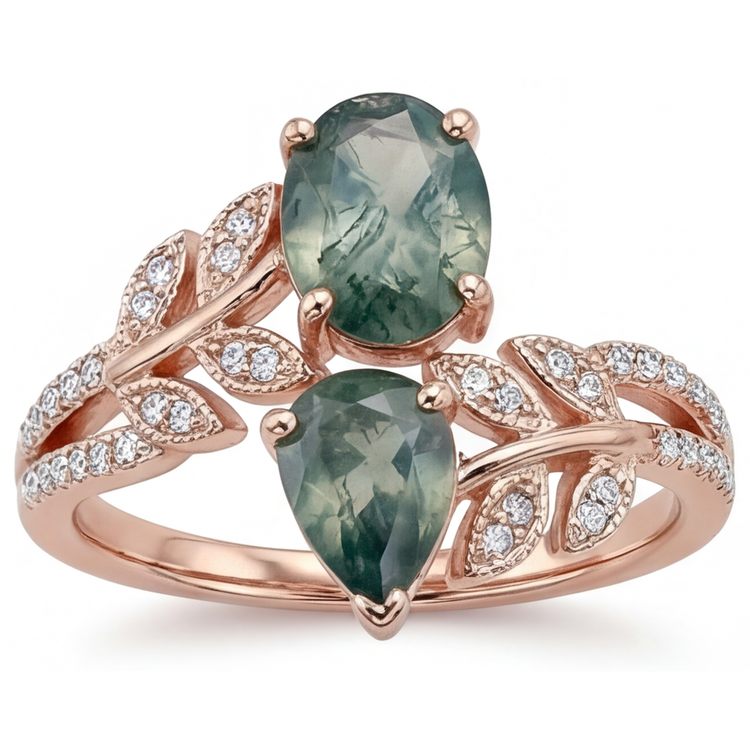 Moss Agate Ovale Bague Pierre de Couleur en Or Rose 14 Carats – vue principale