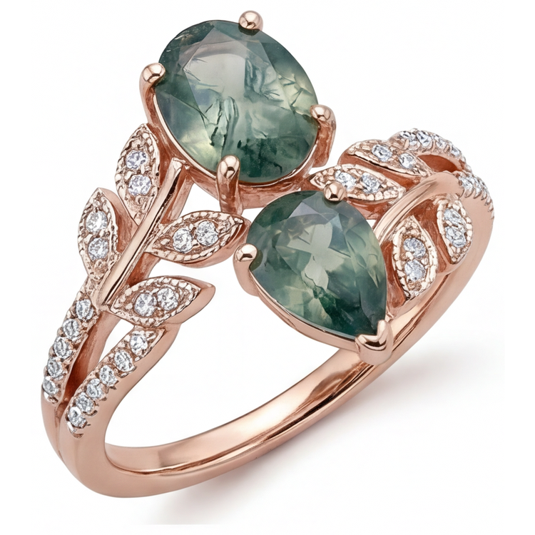 Bague Pierre de Couleur Or Rose 14 Carats avec Moss Agate – vue de face