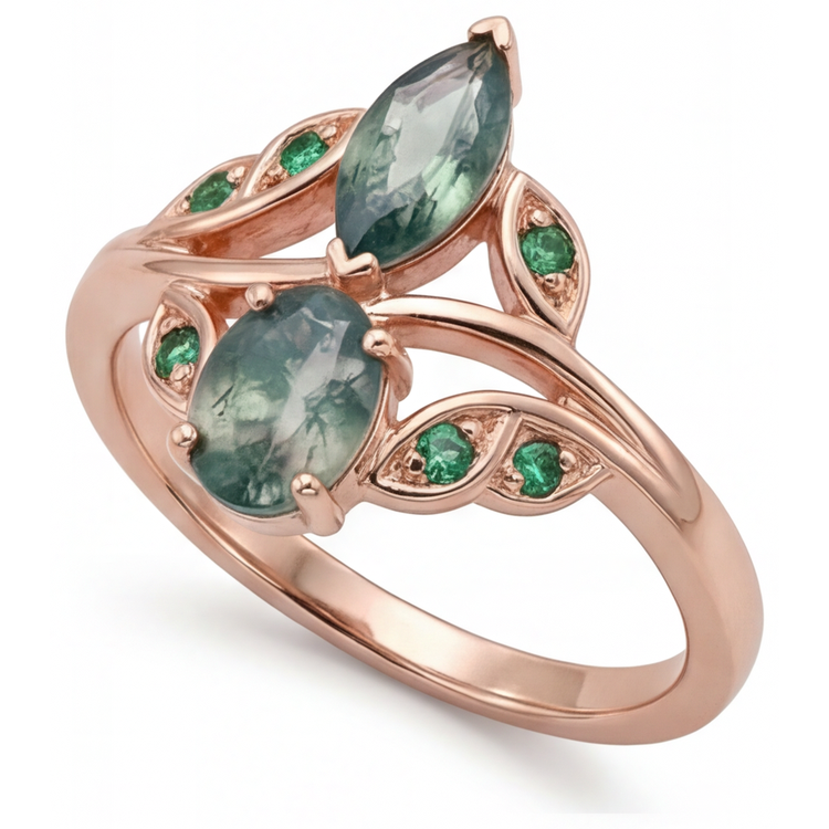 Moss Agate Marquise Bague Pierre Précieuse en Or 14K Rose – vue de côté