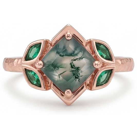 Moss Agate Princesse Bague Pierre Précieuse en Or Rose 14 Carats – vue de face