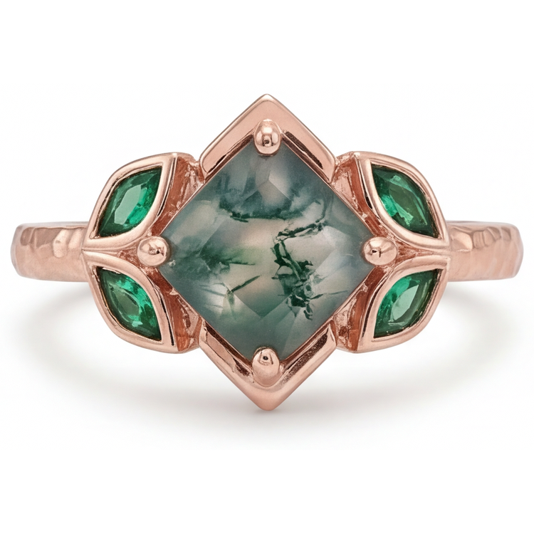 Moss Agate Princesse Bague Pierre Précieuse en Or Rose 14 Carats – vue de face