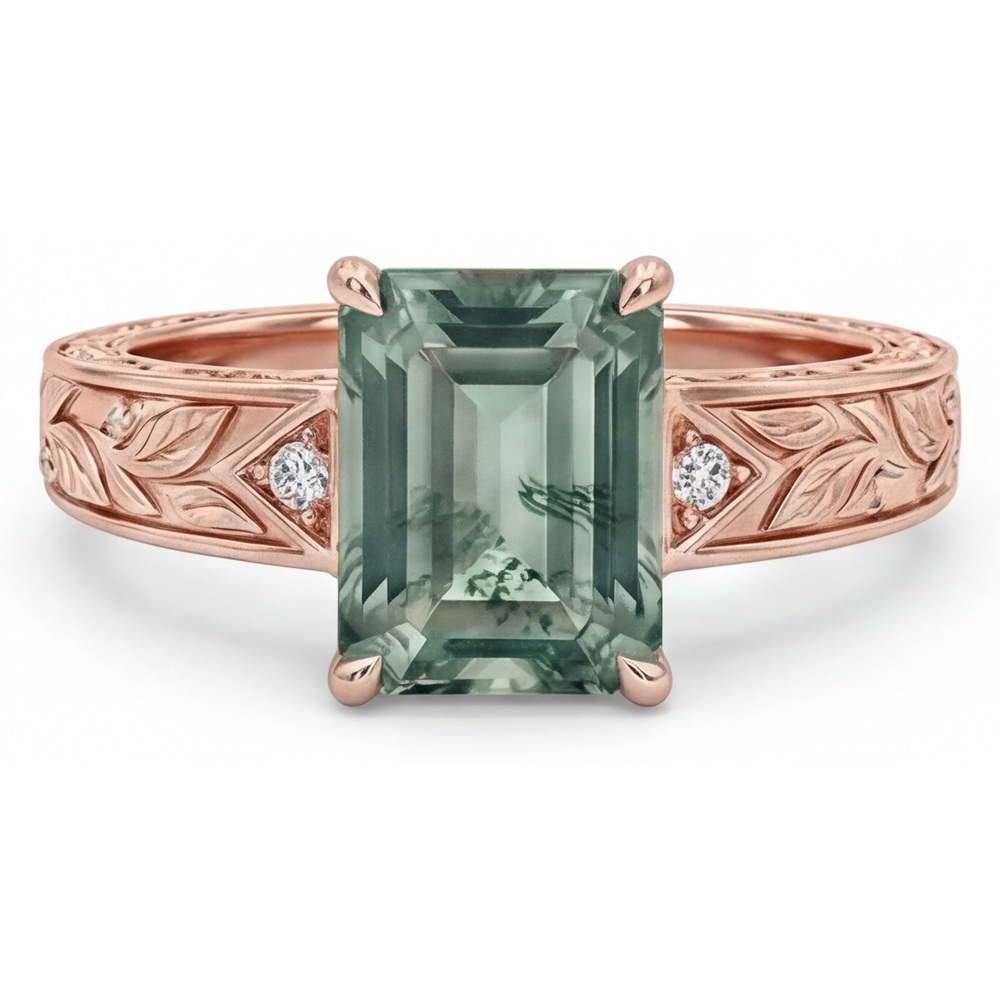 Moss Agate Bague Pierre Précieuse 2 carats Or Rose 14 Carats – vue principale