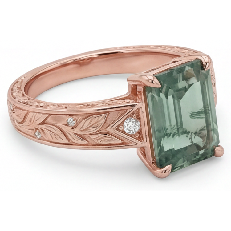 Moss Agate Taille à Degrés Bague Pierre Précieuse en Or Rose 14 Carats – vue de côté