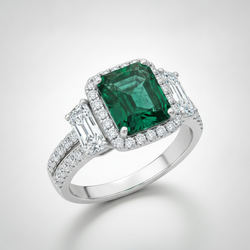 Bague de fiançailles trois pierres en platine avec émeraude naturelle de Muzo, taille cadillac et halo