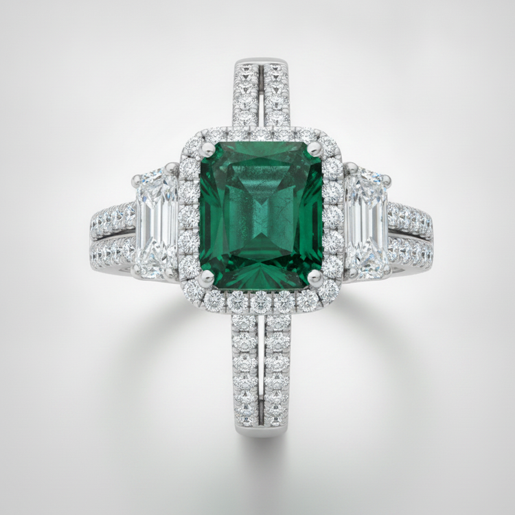 Bague de fiançailles trois pierres en platine avec émeraude naturelle de Muzo, taille cadillac et halo