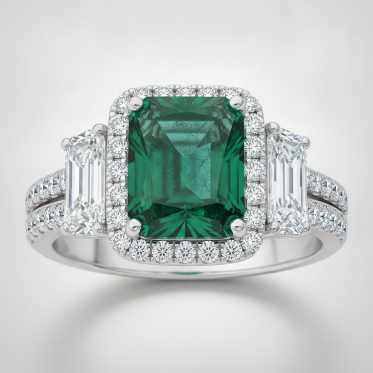 Bague de fiançailles trois pierres en platine avec émeraude naturelle de Muzo, taille cadillac et halo