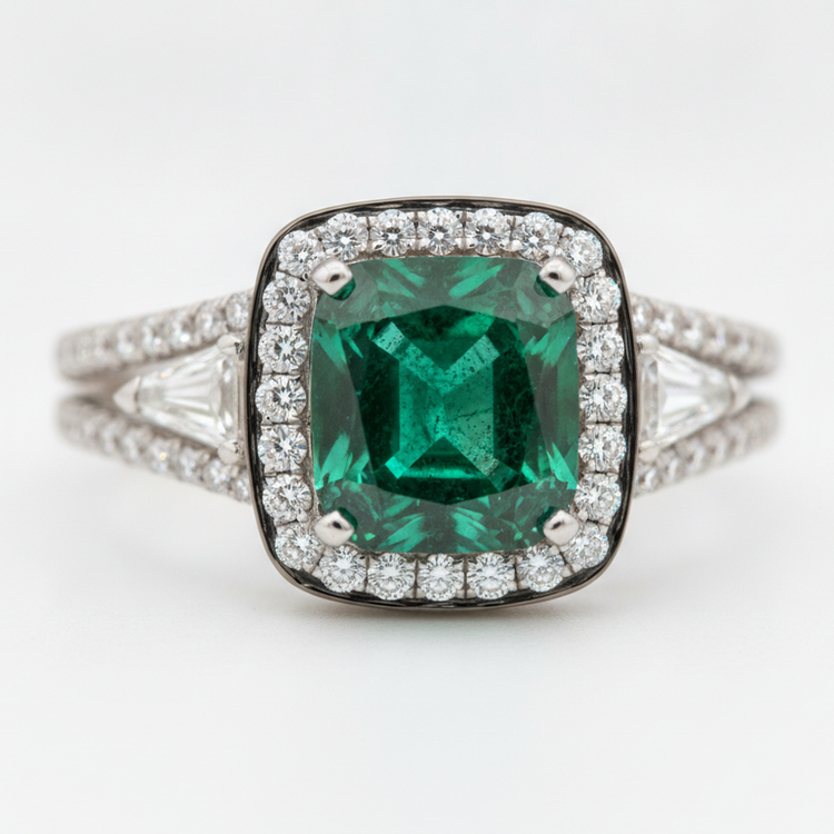 Bague de Fiançailles Taille Émeraude 2,64 Carats Muzo Naturel Double Anneau Or Blanc 18 Carats