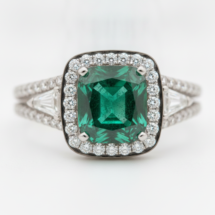 Bague de Fiançailles Taille Émeraude 2,64 Carats Muzo Naturel Double Anneau Or Blanc 18 Carats