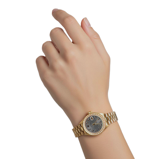 or jaune Rolex Président still Montre Gris Diamant Cadran Lunette Femme P2