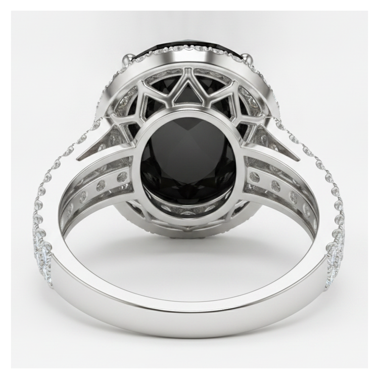 Bague de fiançailles halo ovale diamant noir véritable 6 carats en Or Blanc 14K