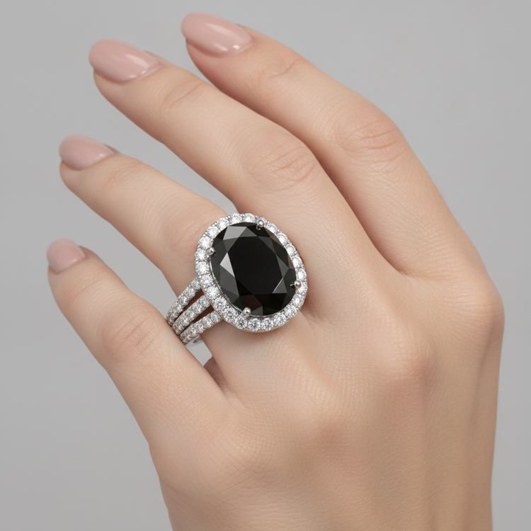 Bague de fiançailles halo ovale diamant noir véritable 6 carats en Or Blanc 14K