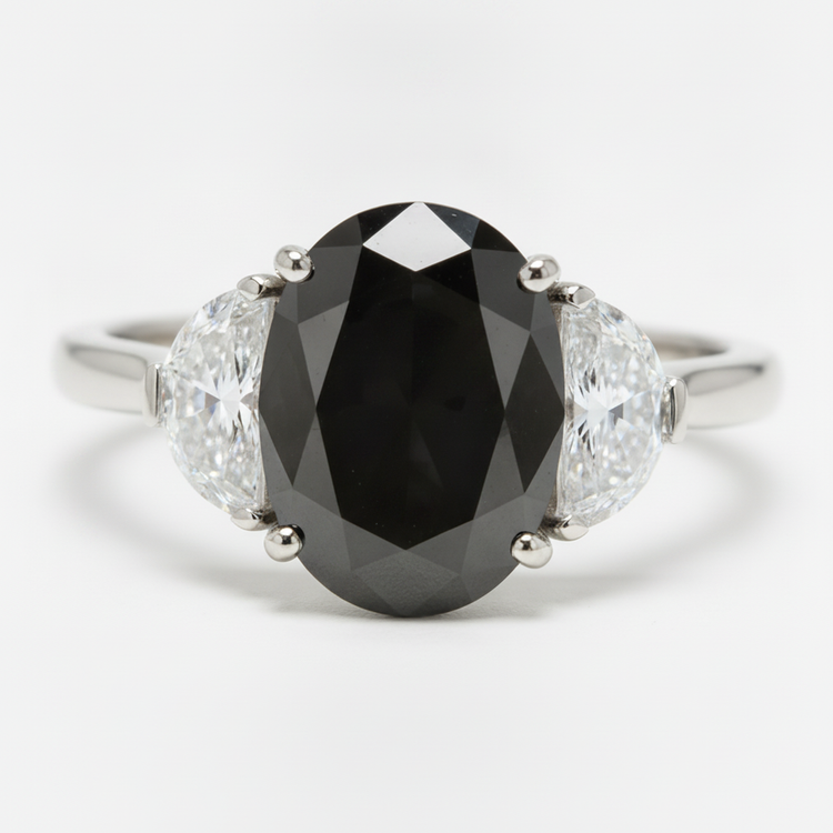 Bague de mariage trois pierres en Or Blanc 14 carats avec véritable diamant noir ovale et demi-lune 4,6 carats