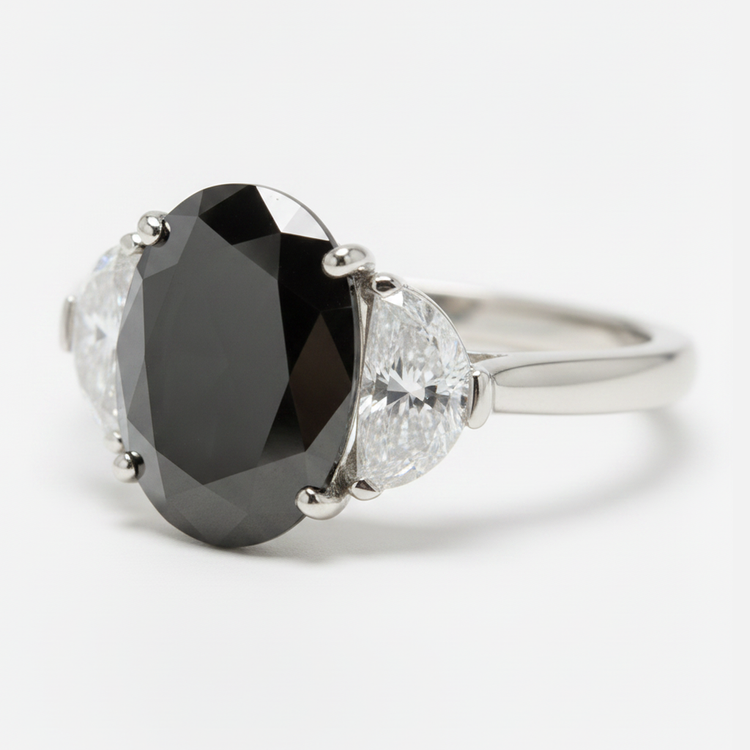 Bague de mariage trois pierres en Or Blanc 14 carats avec véritable diamant noir ovale et demi-lune 4,6 carats