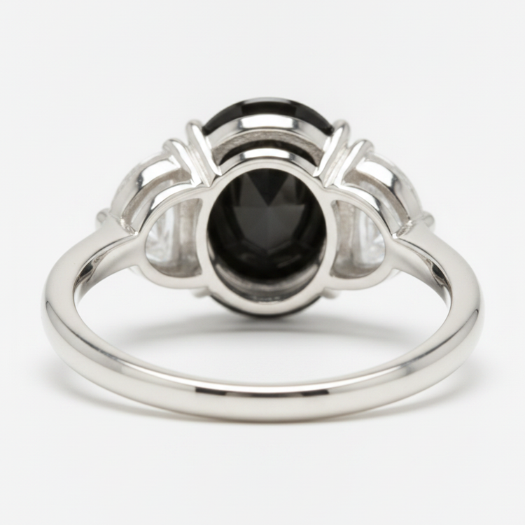 Bague de mariage trois pierres en Or Blanc 14 carats avec véritable diamant noir ovale et demi-lune 4,6 carats