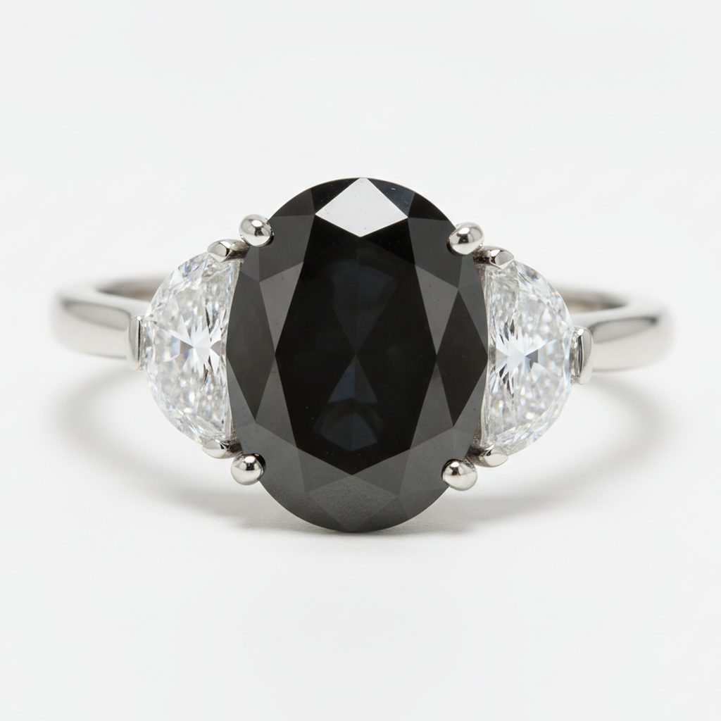 Bague de mariage trois pierres en diamant noir véritable ovale et demi-lune 4,6 carats en Or Blanc 14 carats